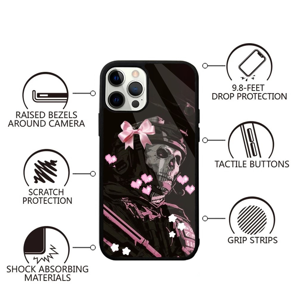 Coque iPhone 11 Pro Max Design Tête de Mort Militaire avec Nœud Rose