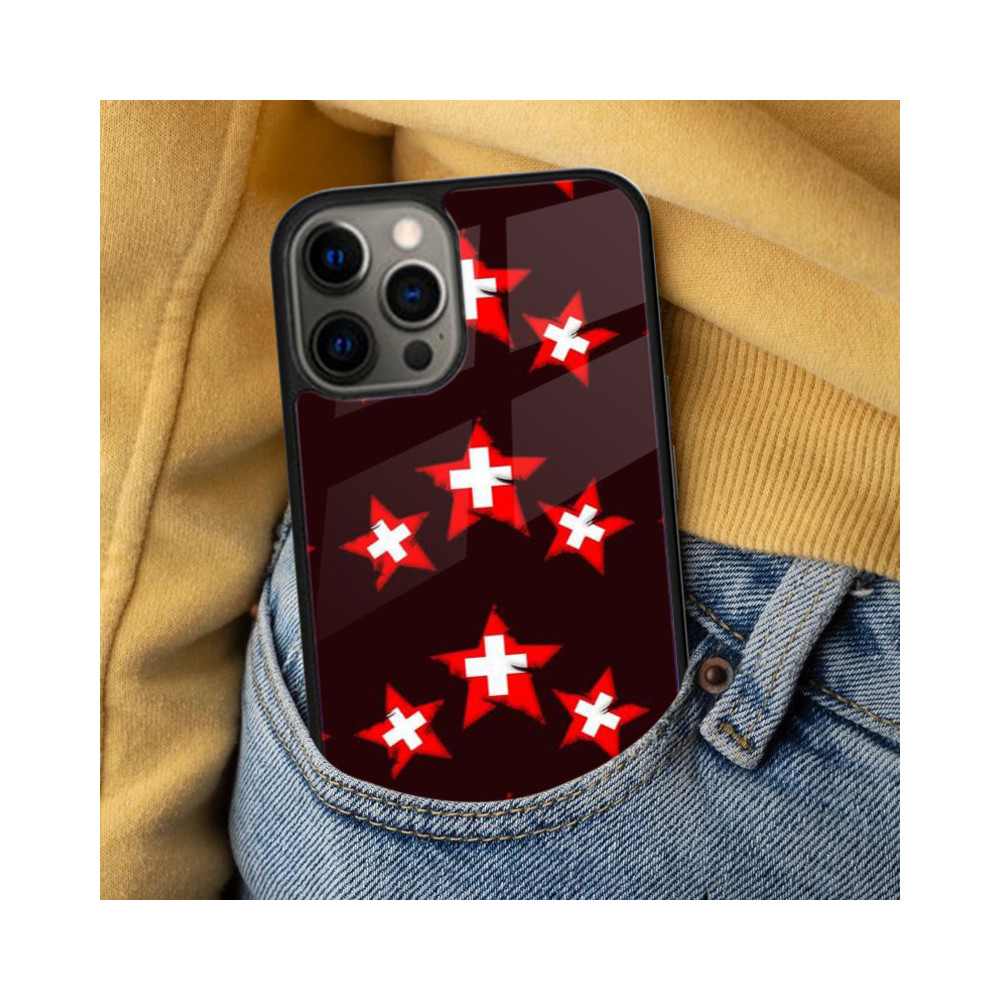 Coque iPhone 15 Pro Design Suisse - Étoiles et Croix Rouges