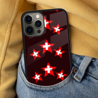 Coque iPhone 15 Design Suisse - Étoiles et Croix Rouges