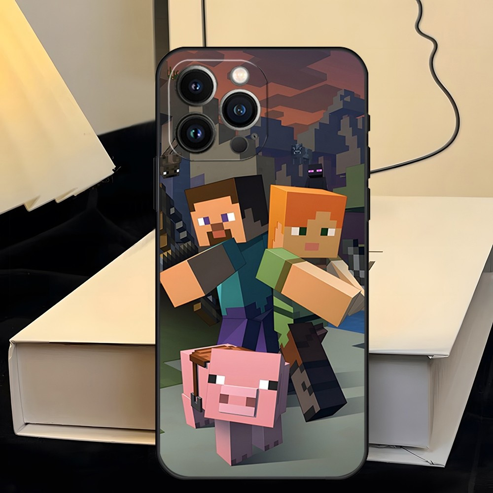 Coque iPhone Minecraft Steve, Alex et Cochon - Design Exclusif