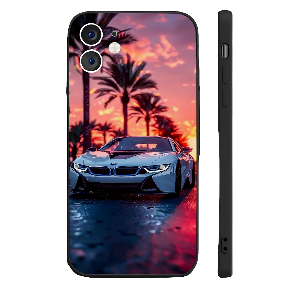 Coque iPhone 11 Pro - BMW i8 Blanche - Coucher de Soleil - Sportive